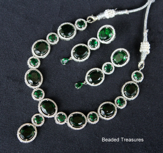 Anaya AD Necklace Set with Dark Green Stones - Beaded Treasures