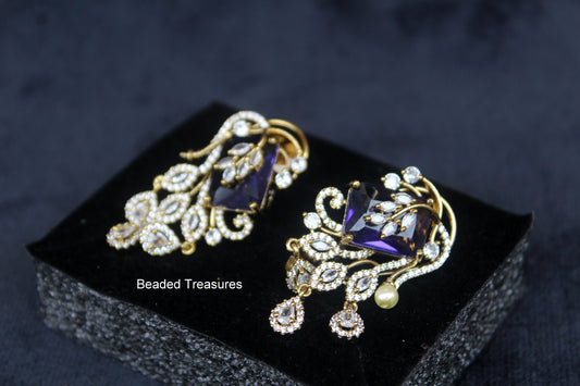 Zirconia Leaf Dangler Earrings with Purple Stones - Beaded Treasures