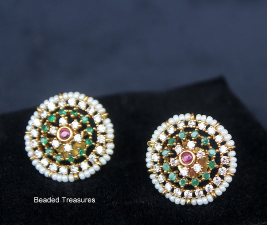 Gold-Toned Stud Earrings with Emerald, Ruby & Pearl - Beaded Treasures