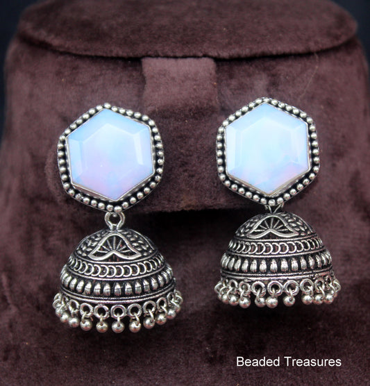 German Silver Jhumka Earrings with White Stone - Beaded Treasures