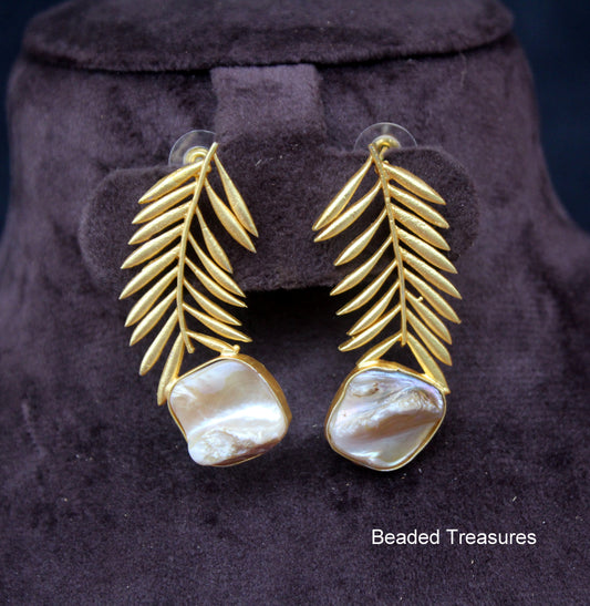 Gold-Toned Leaf Dangler Earrings with Mother of Pearl - Beaded Treasures