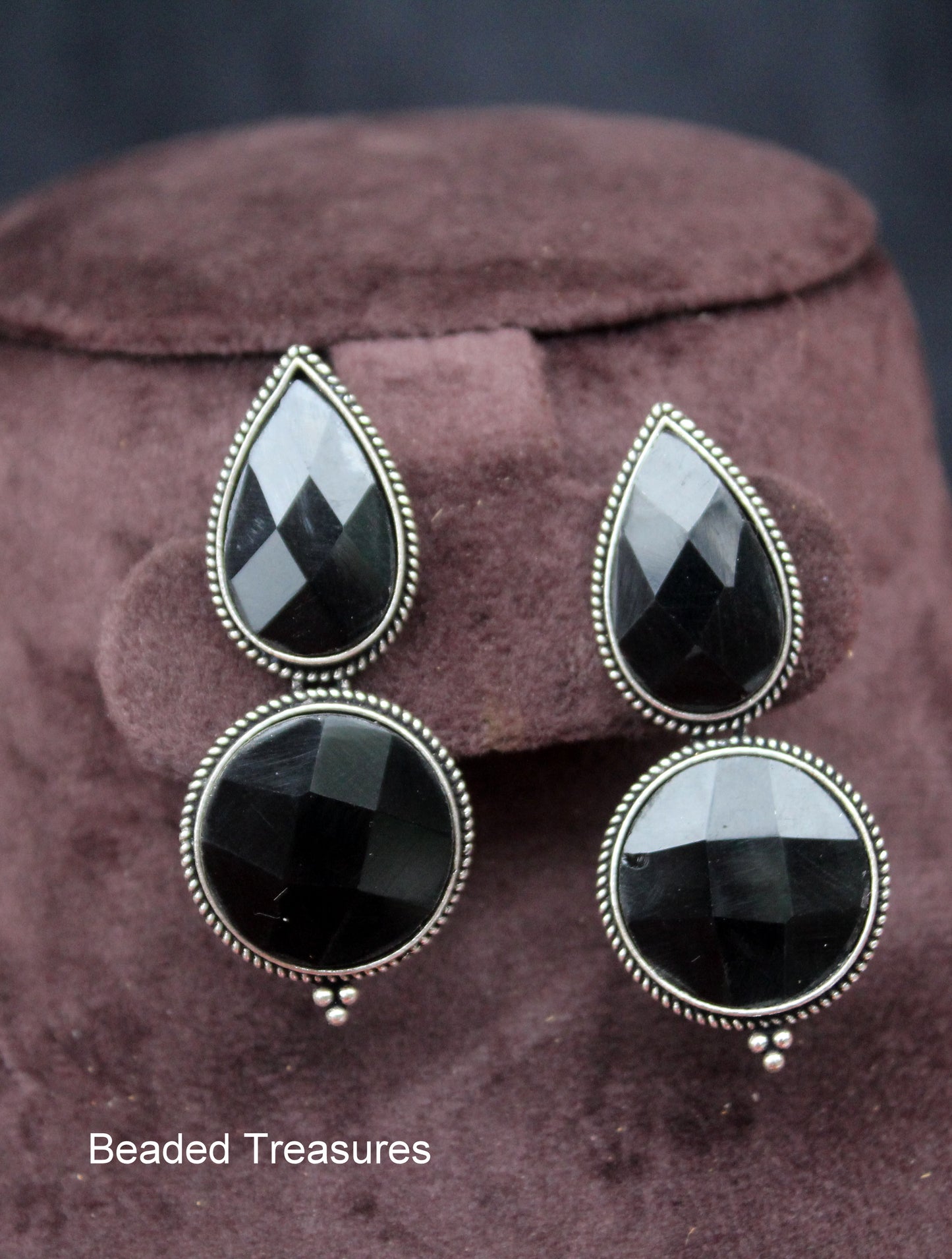 Sterling Silver Style Earrings with Faceted Black Stone - Beaded Treasures