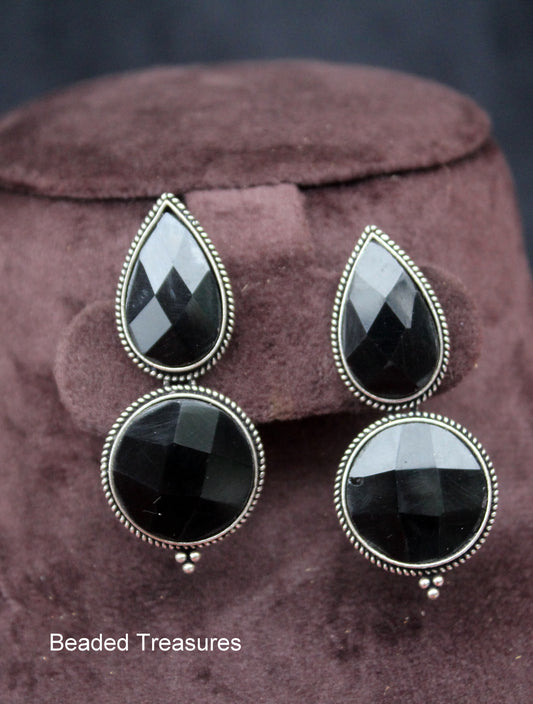 Sterling Silver Style Earrings with Faceted Black Stone - Beaded Treasures