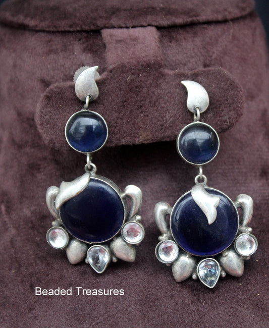 Oxidized Silver Style Blue & White Stone Earrings - Beaded Treasures