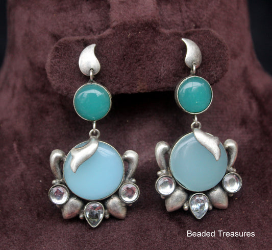 Oxidized Silver Style Teal & Light Blue Stone Earrings - Beaded Treasures