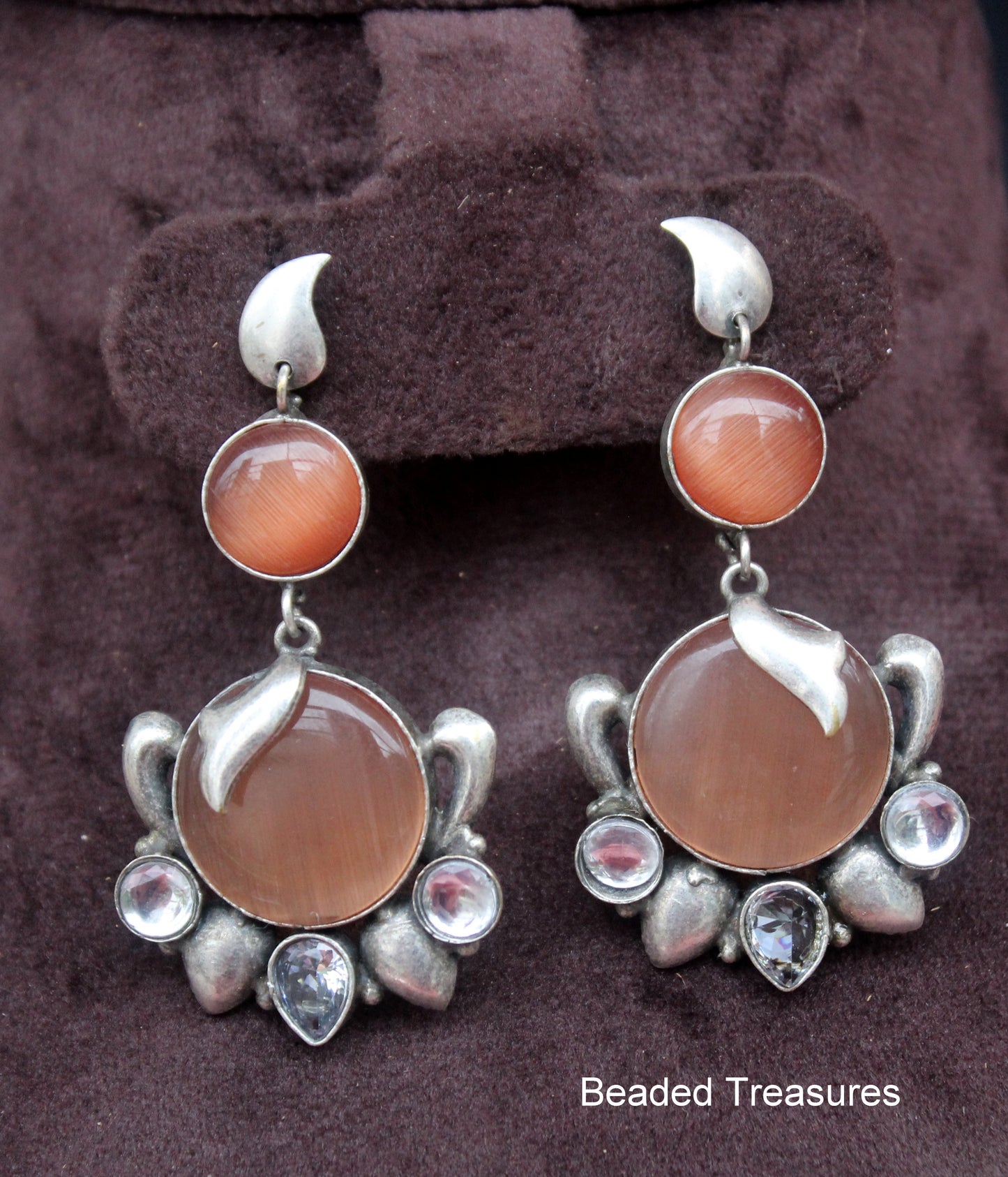 Oxidized Silver Style Peach & White Stone Earrings - Beaded Treasures