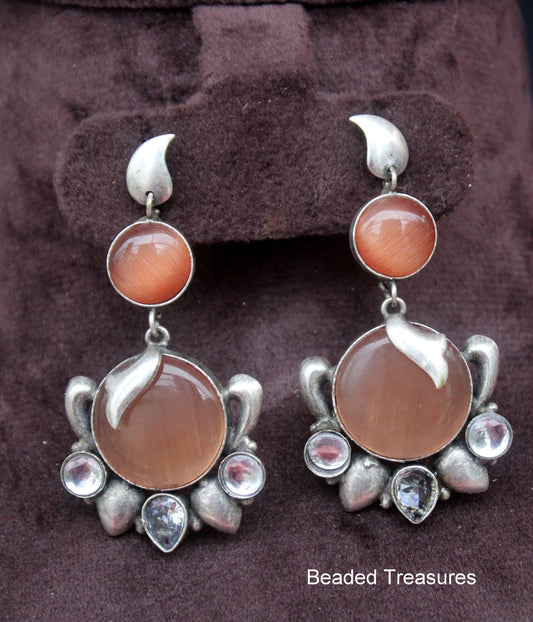 Oxidized Silver Style Peach & White Stone Earrings - Beaded Treasures