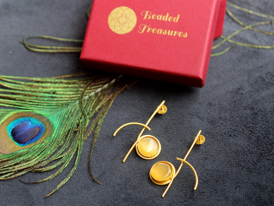 Gold-Toned Geometric Earrings with Yellow Stones - Beaded Treasures