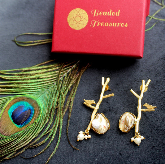 Bird and Branch Dangler Earrings with Mother of Pearl - Beaded Treasures