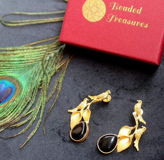Bird and Leaf Dangler Earrings with Black Stones - Beaded Treasures