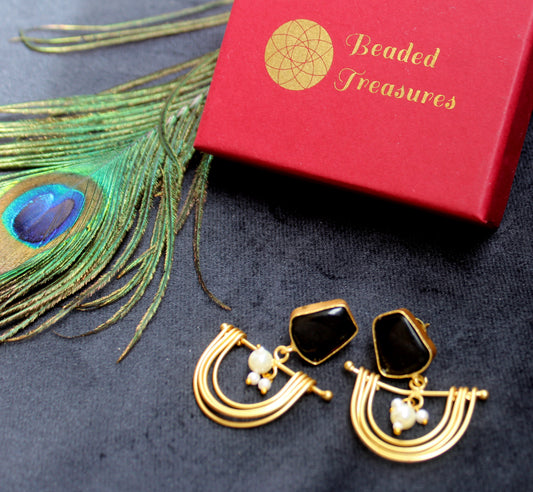 Gold-Toned Abstract Earrings with Black Stones & Pearls - Beaded Treasures