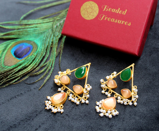 Triangle Dangler Earrings with Gemstones & Pearl Drops - Beaded Treasures