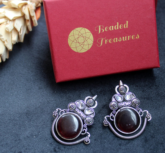 Oxidized Silver Style Dark Stone Earrings with White Accents - Beaded Treasures
