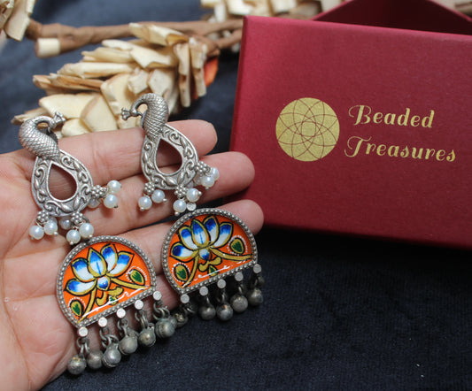 Oxidized Silver Peacock Earrings with Lotus Meenakari - Beaded Treasures