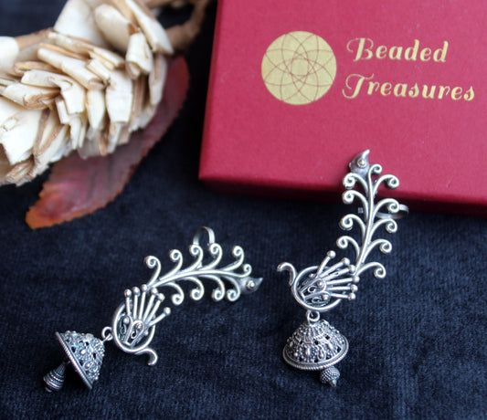 Oxidized Silver Peacock Jhumki Earrings (Mor Bugadi) - Beaded Treasures