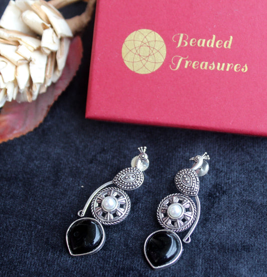 Oxidized Silver Peacock Dangler Earrings with Black Stones & Pearls - Beaded Treasures