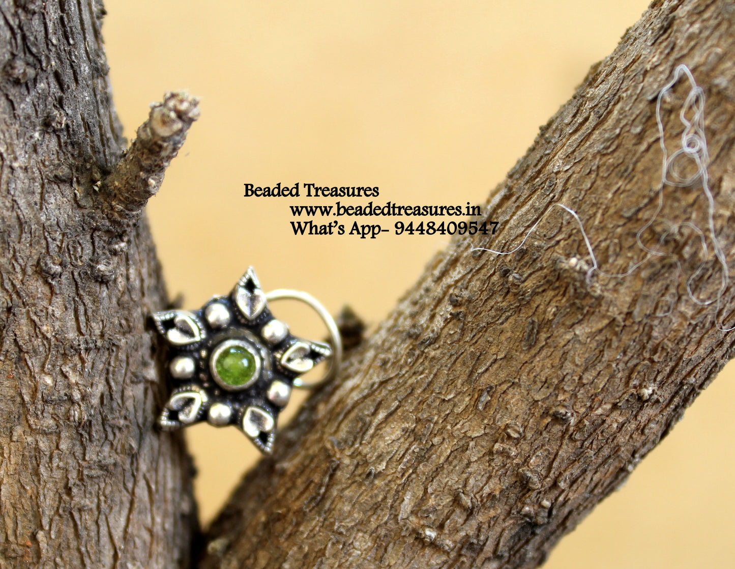 Oxidized Silver Star Nose Stud with Green Stone - Beaded Treasures