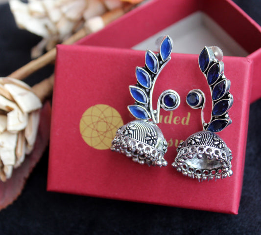 Oxidized Silver Peacock Jhumki Earrings with Blue Stones - Beaded Treasures
