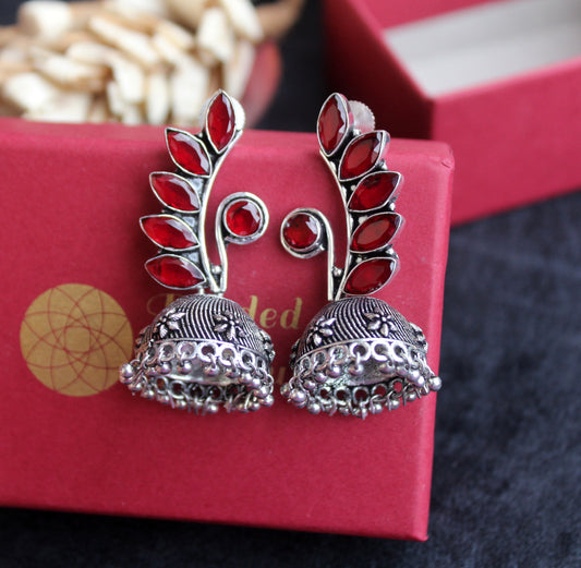 Oxidized German Silver Jhumki Earrings with Red Stones - Beaded Treasures