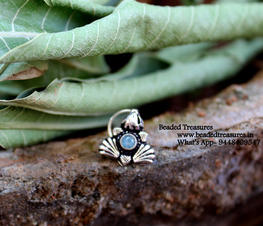 Oxidized Silver Shell Nose Stud with Blue Stone - Beaded Treasures