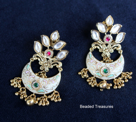 White & Pink Ethnic Meenakari Lotus Design Dangler Earrings - Beaded Treasures