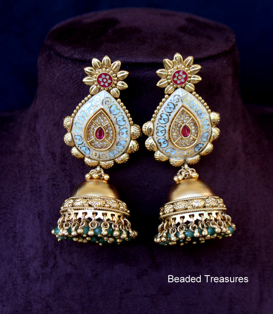 Meenakari Jhumkas with Green Beads - Beaded Treasures