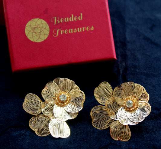 Gold-Tone Floral Clip-On Earrings with Crystal Accents - Beaded Treasures