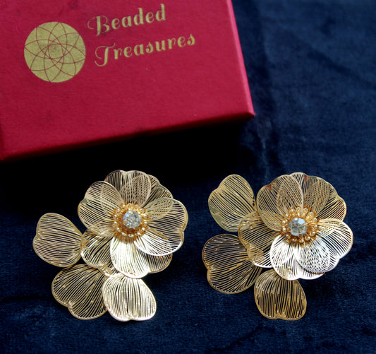 Gold-Tone Floral Clip-On Earrings with Crystal Accents - Beaded Treasures