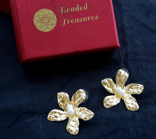 Gold-Tone Textured Flower Stud Earrings with Pearl Accents - Beaded Treasures