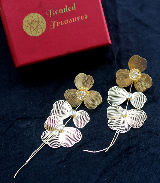Gold-Tone Floral Dangler Clip-On Earrings with Crystal Accents - Beaded Treasures