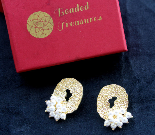 Gold-Toned Textured Earrings with Pearl Drops - Beaded Treasures