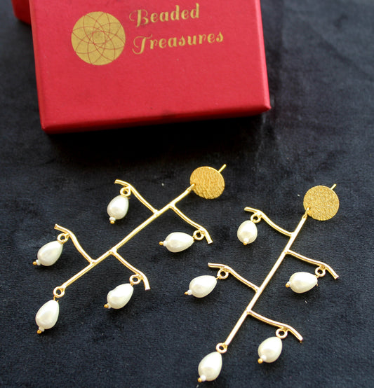 Pearl Drop Long Brass Earrings - Beaded Treasures