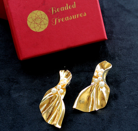 Gold-Tone Sculptural Clip-On Earrings with Pearl Accents - Beaded Treasures