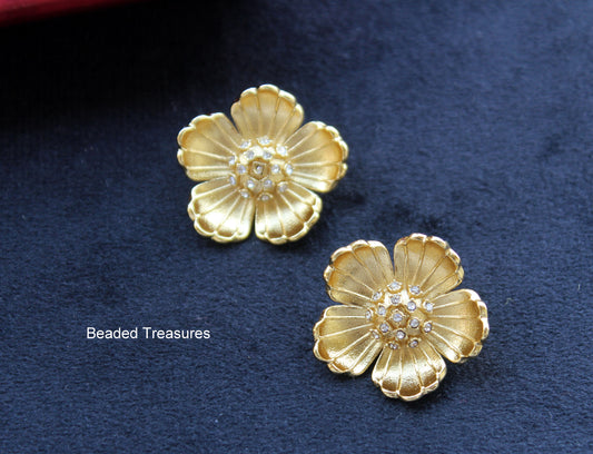 Gold-Tone Flower Stud Earrings with Crystal Accents - Beaded Treasures