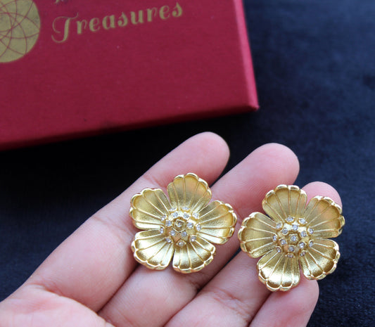 Gold-Tone Flower Stud Earrings with Crystal Accents - Beaded Treasures