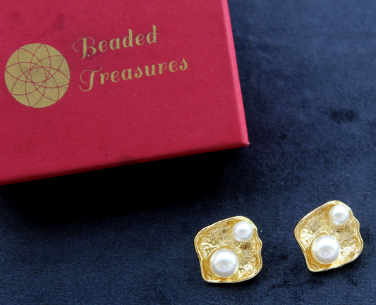 Gold-Tone Textured Clip-On Earrings with Pearl Accents - Beaded Treasures