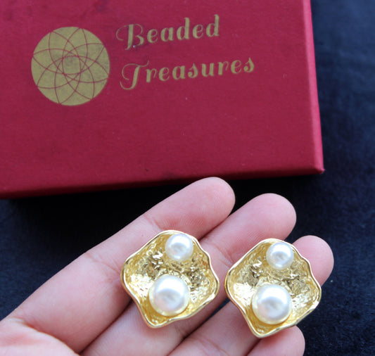 Gold-Tone Textured Clip-On Earrings with Pearl Accents - Beaded Treasures