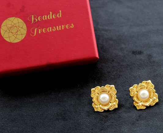 Gold-Toned Flower Earrings with Pearls - Beaded Treasures
