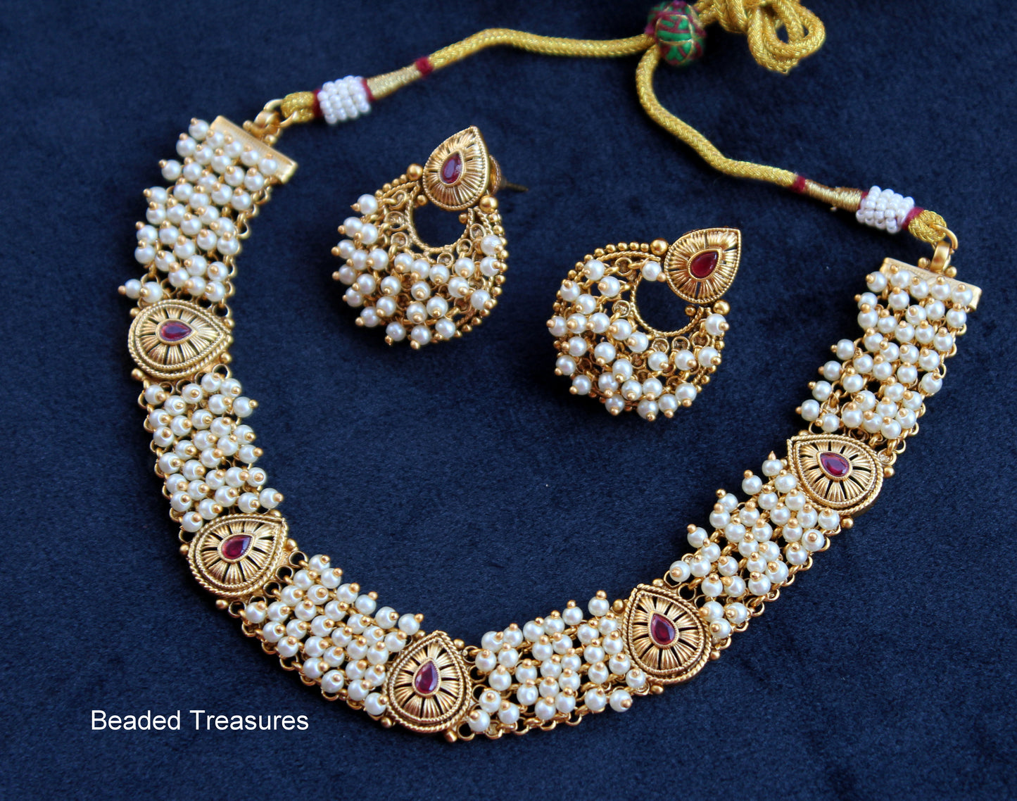 Pearl Guccha Temple Motif Necklace Set - Beaded Treasures