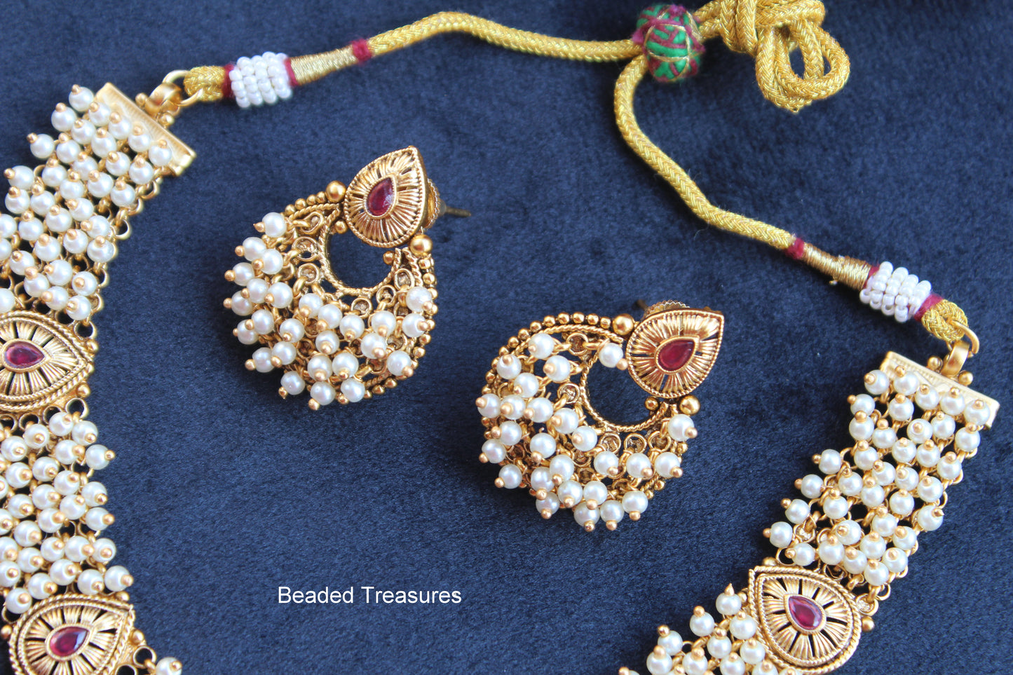 Pearl Guccha Temple Motif Necklace Set - Beaded Treasures