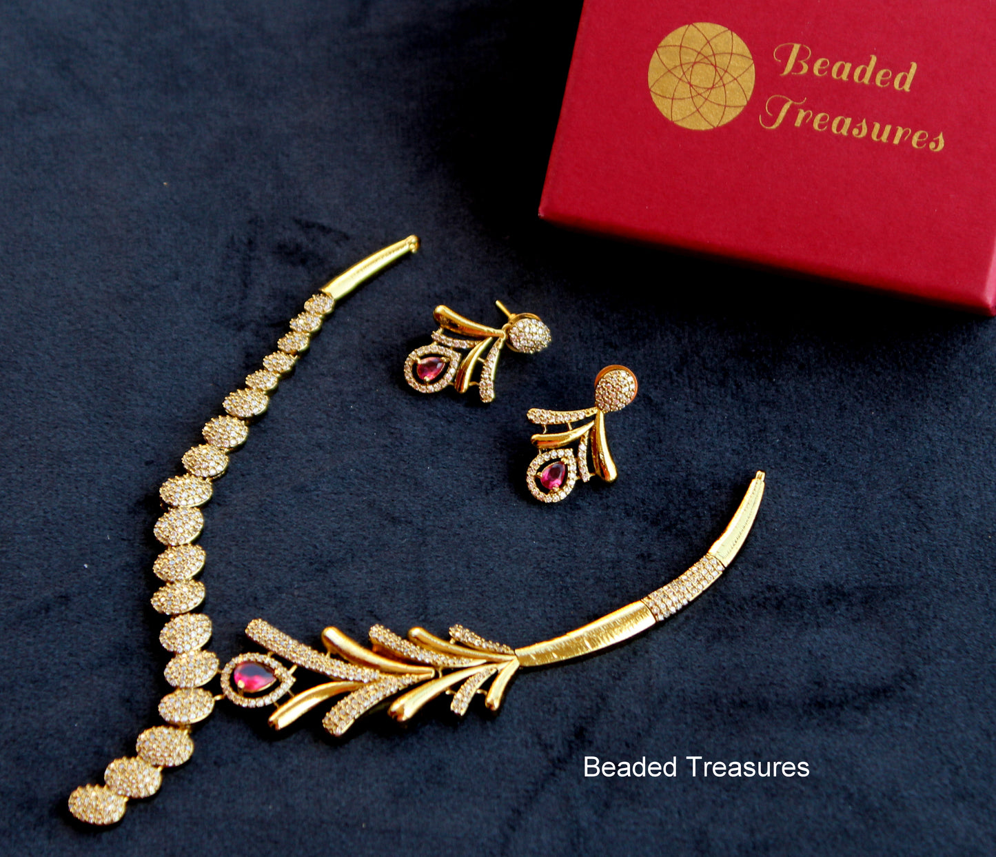 Feather Design AD Necklace Set with Ruby Stone Accents - Beaded Treasures