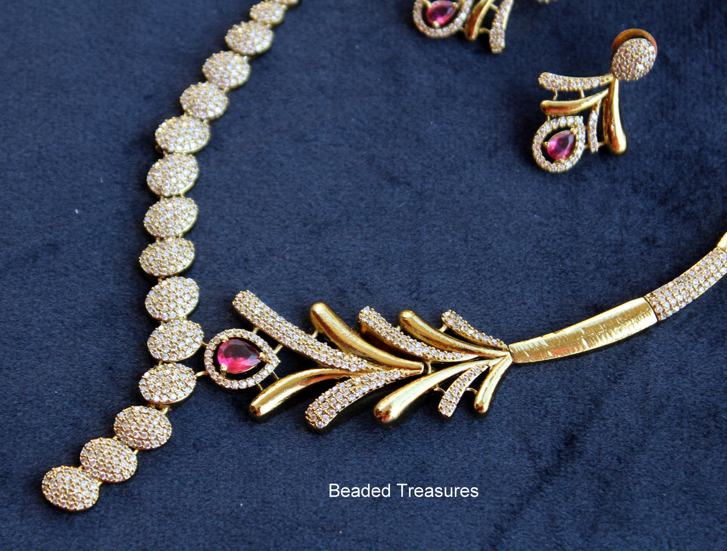 Feather Design AD Necklace Set with Ruby Stone Accents - Beaded Treasures
