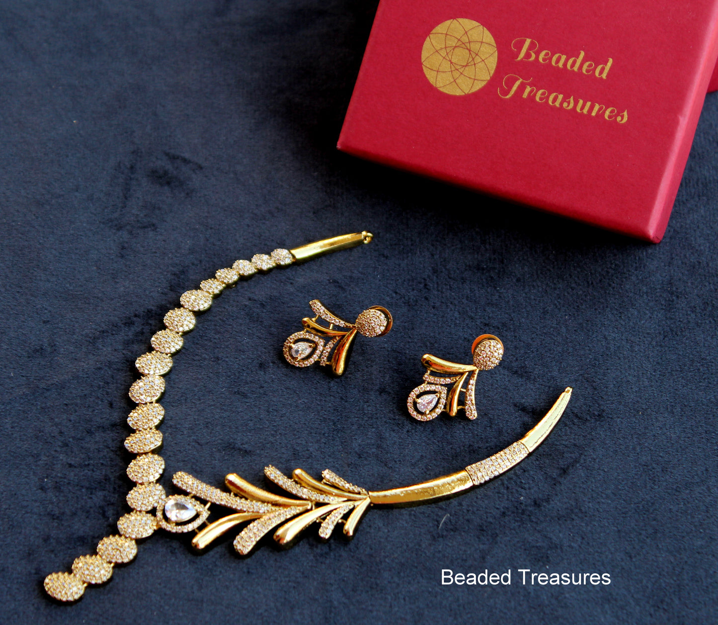 Feather Design AD Necklace Set - Beaded Treasures