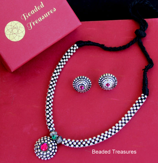 Oxidised Silver-Plated & Red Ruby Crystal-Studded Thushi Jewellery Set - Beaded Treasures