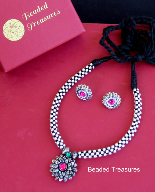 Oxidised Silver Thushi Necklace Set - Beaded Treasures