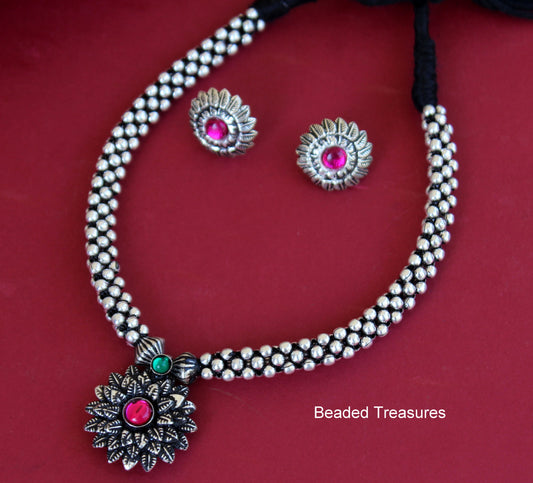 Oxidised Silver Thushi Necklace Set - Beaded Treasures