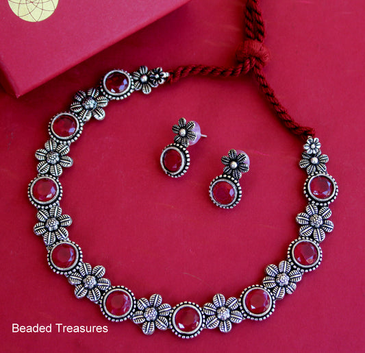 Oxidised Silver Ruby Stone Necklace Set - Beaded Treasures