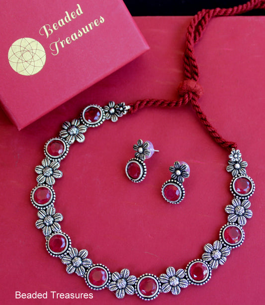 Oxidised Silver Ruby Stone Necklace Set - Beaded Treasures