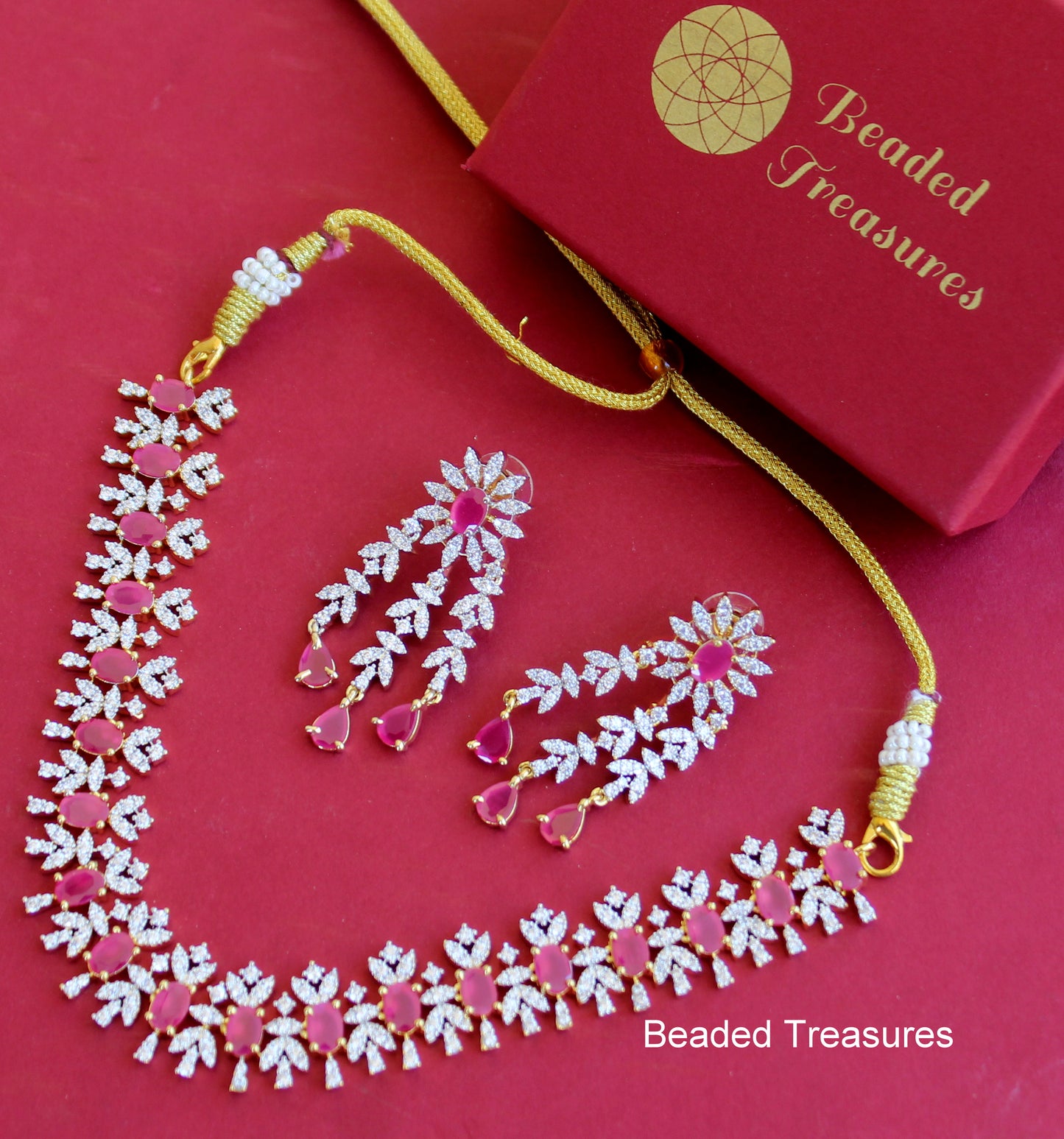 Gold Plated American Diamond Dainty Necklace and Earrings with Pink Accents - Beaded Treasures