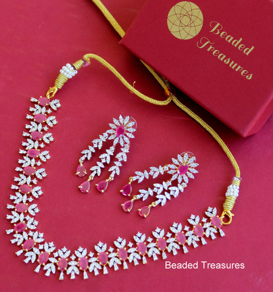 Gold Plated American Diamond Dainty Necklace and Earrings with Pink Accents - Beaded Treasures